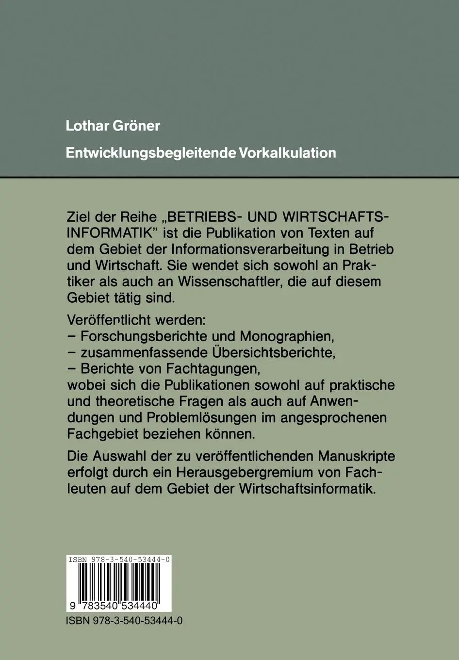 Rückseite: 9783540534440 | Entwicklungsbegleitende Vorkalkulation | Lothar Gröner | Taschenbuch