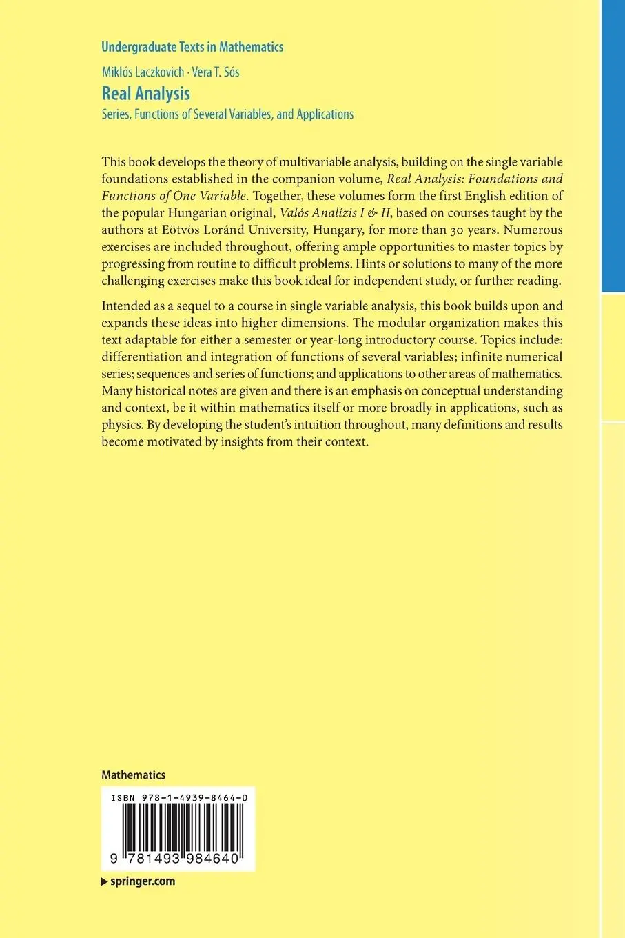 Rückseite: 9781493984640 | Real Analysis | Miklós Laczkovich (u. a.) | Taschenbuch | ix | 2018
