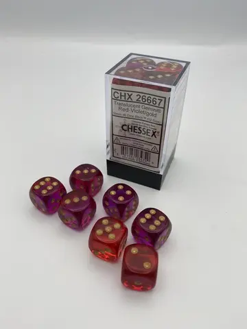 Cover: 601982034740 | Gemini® 16mm d6 Translucent Red-Violet/gold Dice Block™ (12 dice)