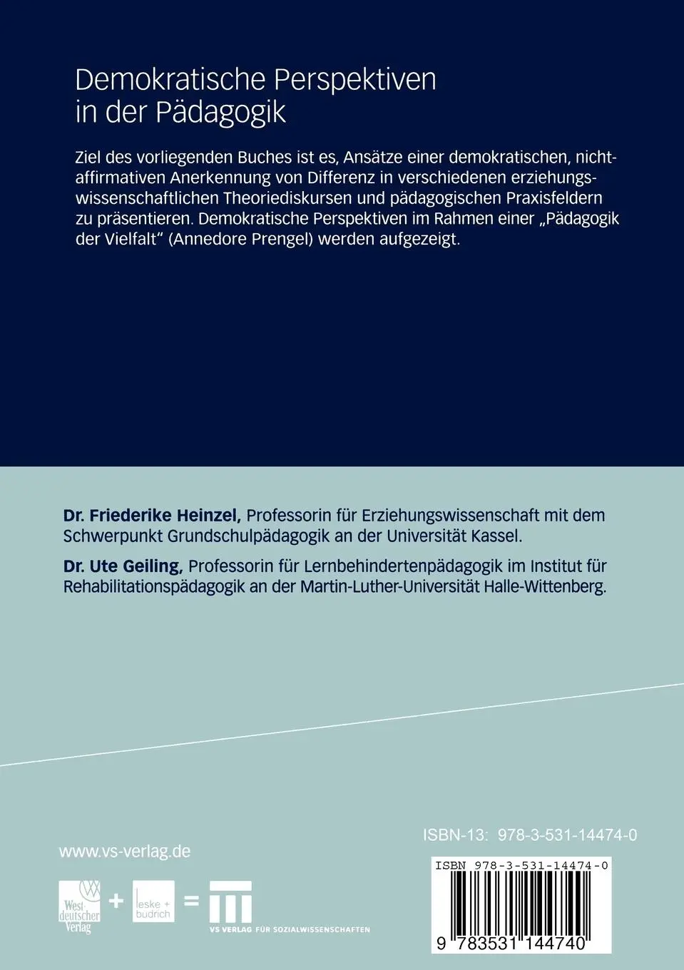 Rückseite: 9783531144740 | Demokratische Perspektiven in der Pädagogik | Heinzel (u. a.) | Buch
