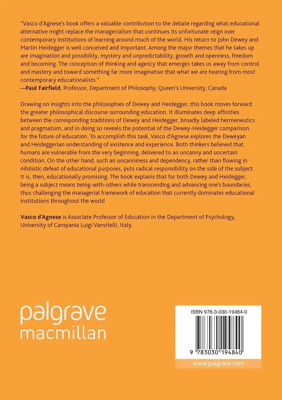Rückseite: 9783030194840 | Dewey, Heidegger, and the Future of Education | Vasco D'Agnese | Buch