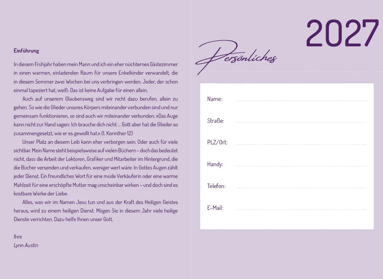 Bild: 9783963624940 | Meine Oasenzeiten 2027 | Der Lynn-Austin-Taschenkalender | Lynn Austin