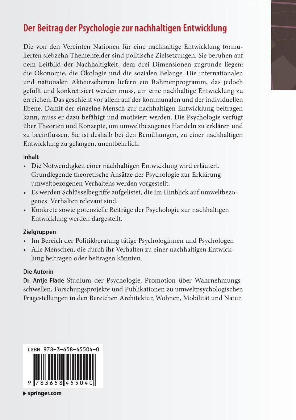 Rückseite: 9783658455040 | Der Beitrag der Psychologie zur nachhaltigen Entwicklung | Antje Flade