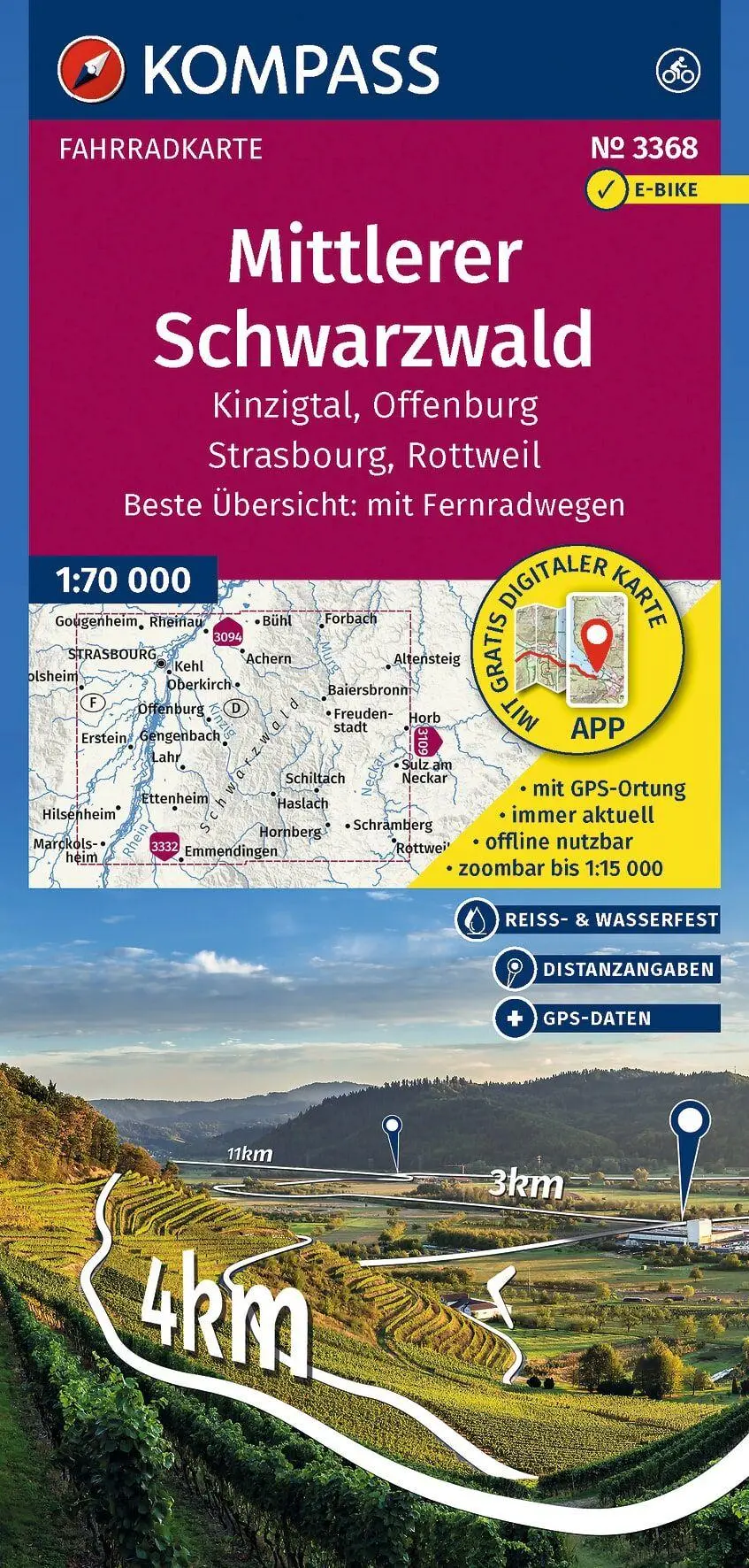 Cover: 9783991545040 | KOMPASS Fahrradkarte 3368 Mittlerer Schwarzwald, Kinzigtal,...