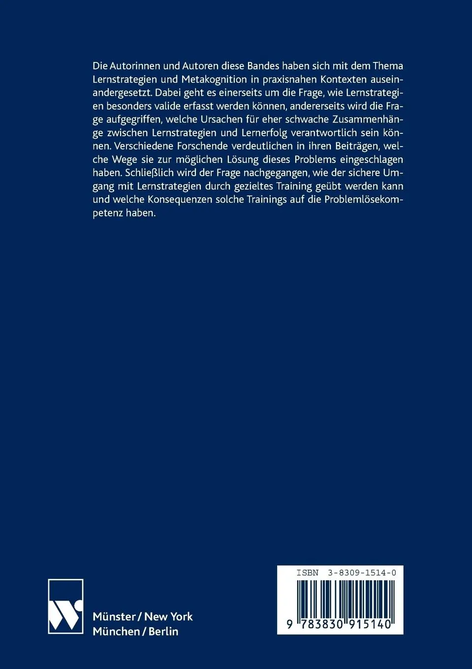 Rückseite: 9783830915140 | Lernstrategien und Metakognition | Cordula Artelt (u. a.) | Buch