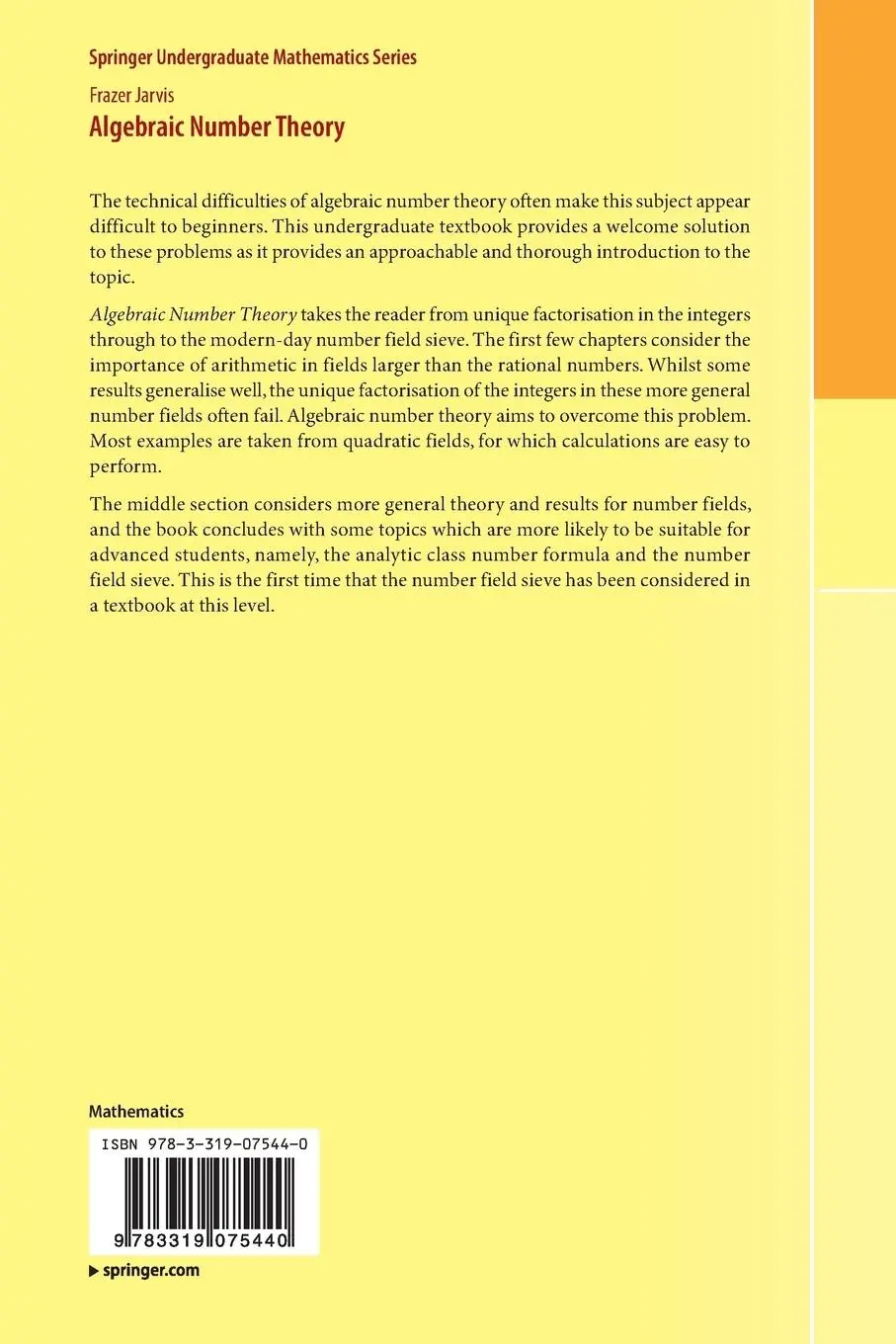 Rückseite: 9783319075440 | Algebraic Number Theory | Frazer Jarvis | Taschenbuch | xiii | 2014