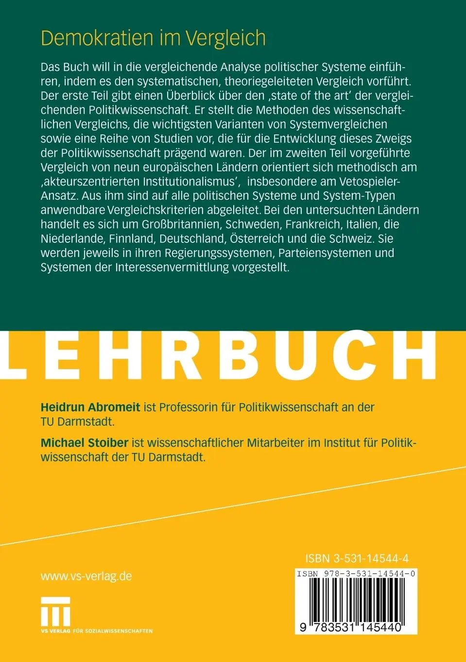 Rückseite: 9783531145440 | Demokratien im Vergleich | Michael Stoiber (u. a.) | Taschenbuch