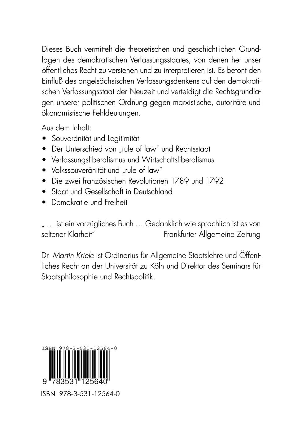 Rückseite: 9783531125640 | Einführung in die Staatslehre | Martin Kriele | Taschenbuch | 364 S.