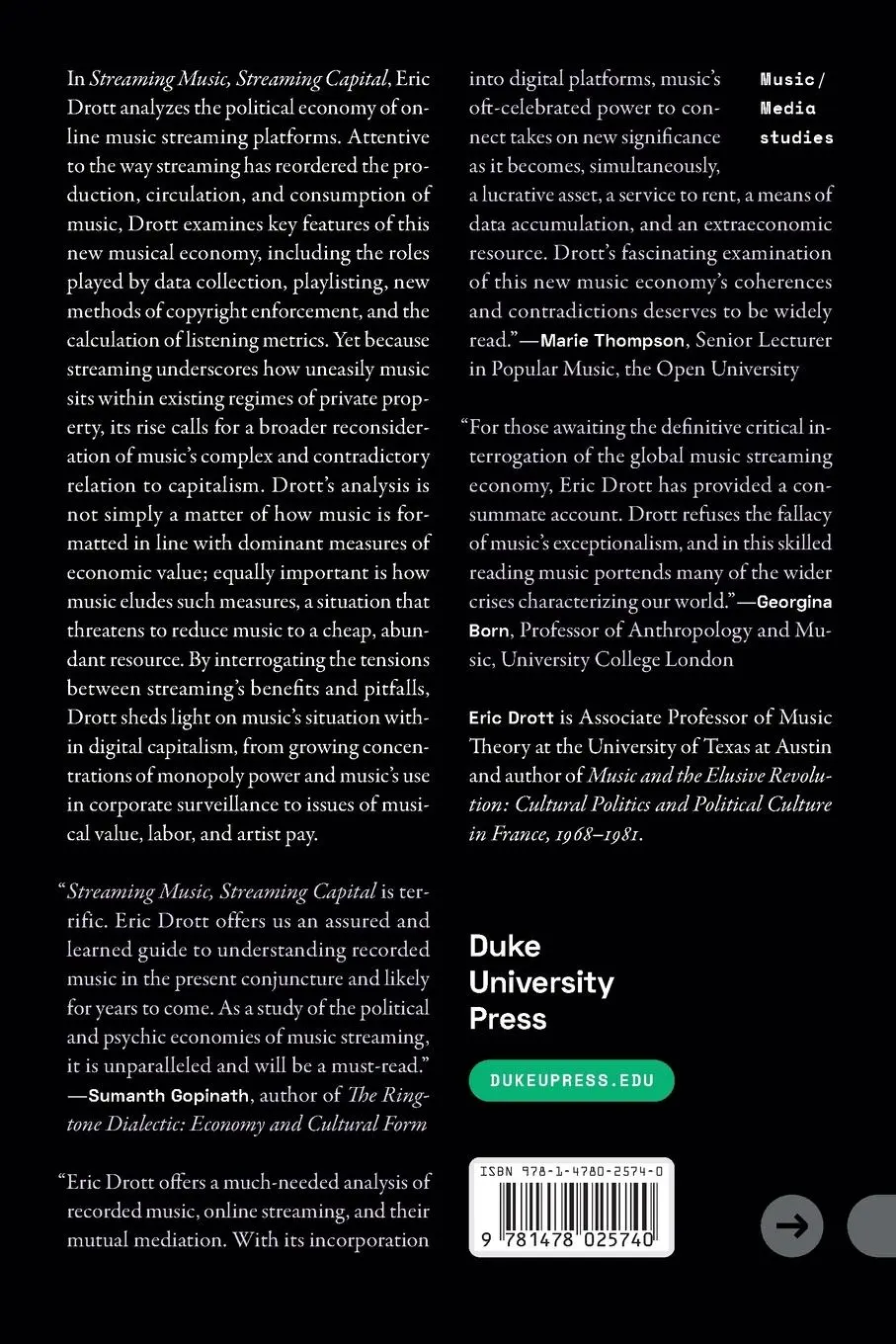 Rückseite: 9781478025740 | Streaming Music, Streaming Capital | Eric Drott | Taschenbuch | 2024