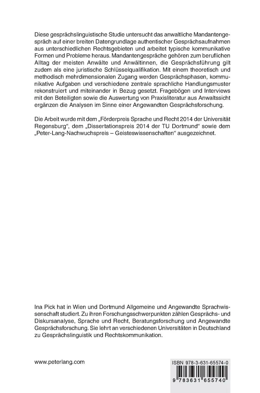 Rückseite: 9783631655740 | Das anwaltliche Mandantengespräch | Ina Pick | Buch | Deutsch | 2015