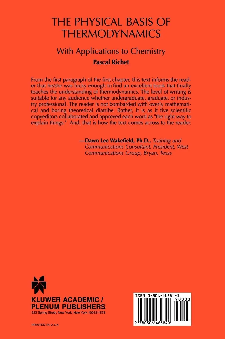Rückseite: 9780306465840 | The Physical Basis of Thermodynamics | With Applications to Chemistry
