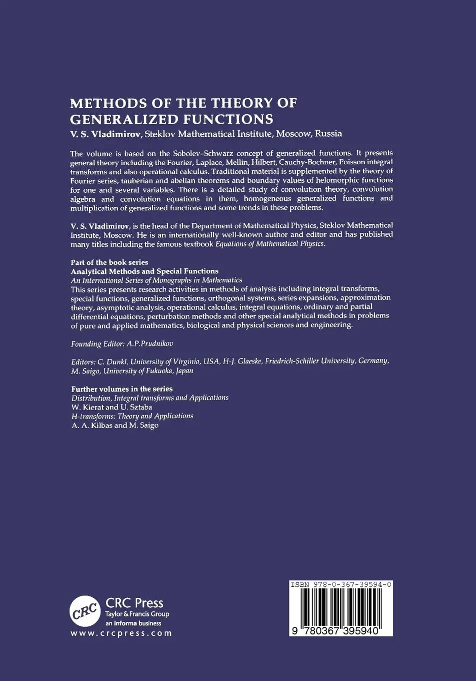 Rückseite: 9780367395940 | Methods of the Theory of Generalized Functions | V S Vladimirov | Buch