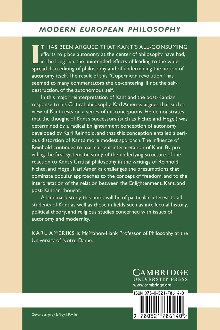 Rückseite: 9780521786140 | Kant and the Fate of Autonomy | Karl Ameriks | Taschenbuch | Englisch