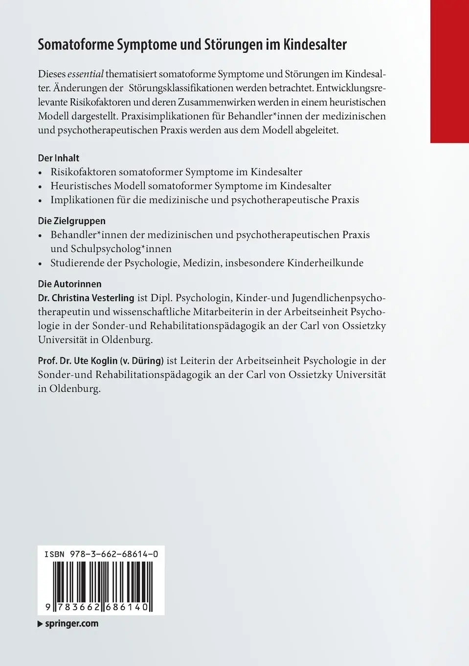 Rückseite: 9783662686140 | Somatoforme Symptome und Störungen im Kindesalter | Ute Koglin (u. a.)