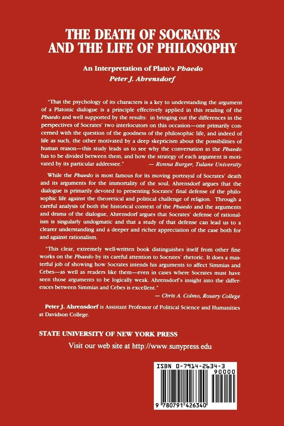 Rückseite: 9780791426340 | The Death of Socrates and the Life of Philosophy | Peter J. Ahrensdorf