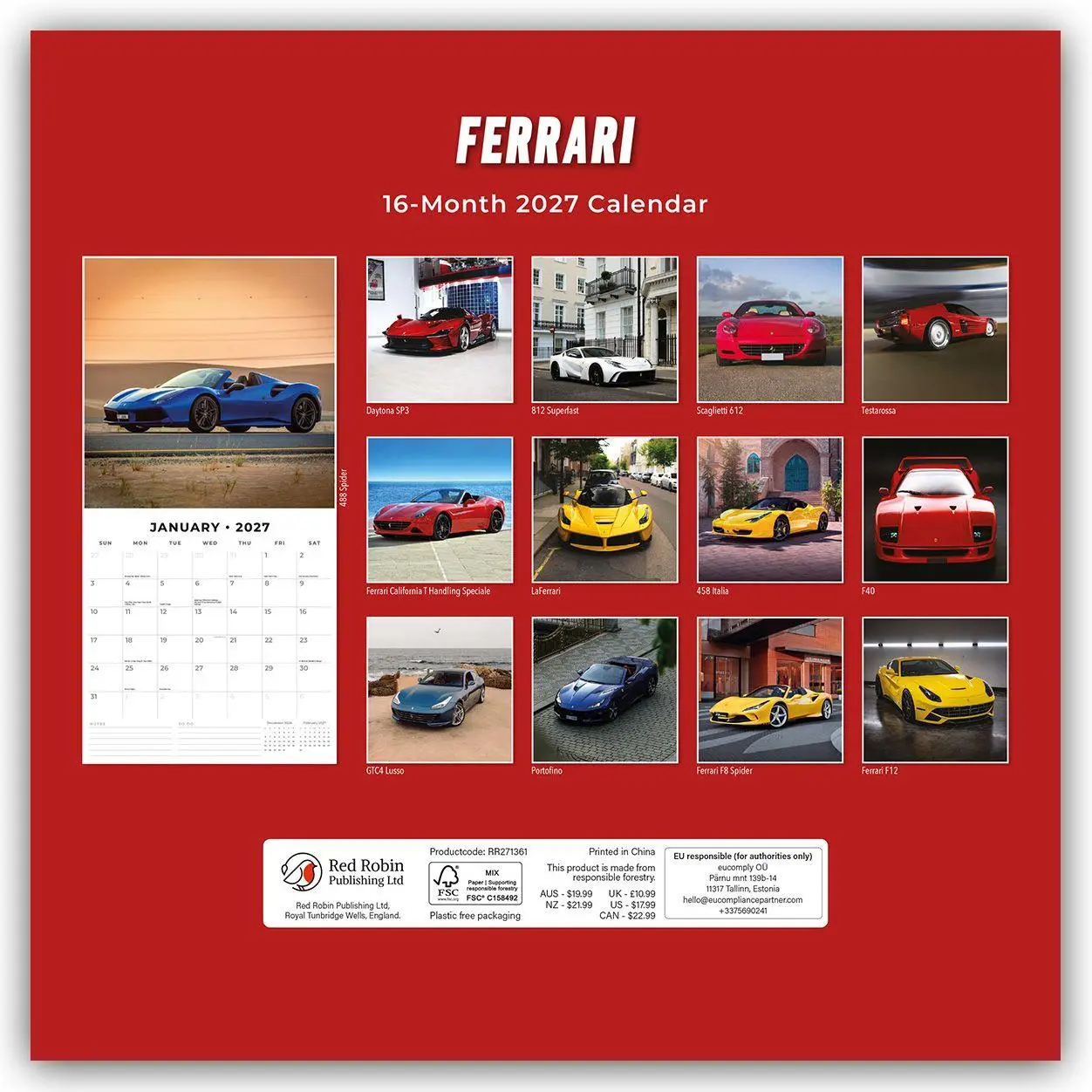 Rückseite: 9781837016440 | Ferrari 2027 - 16-Monatskalender | Robin Red | Kalender | 28 S. | 2027