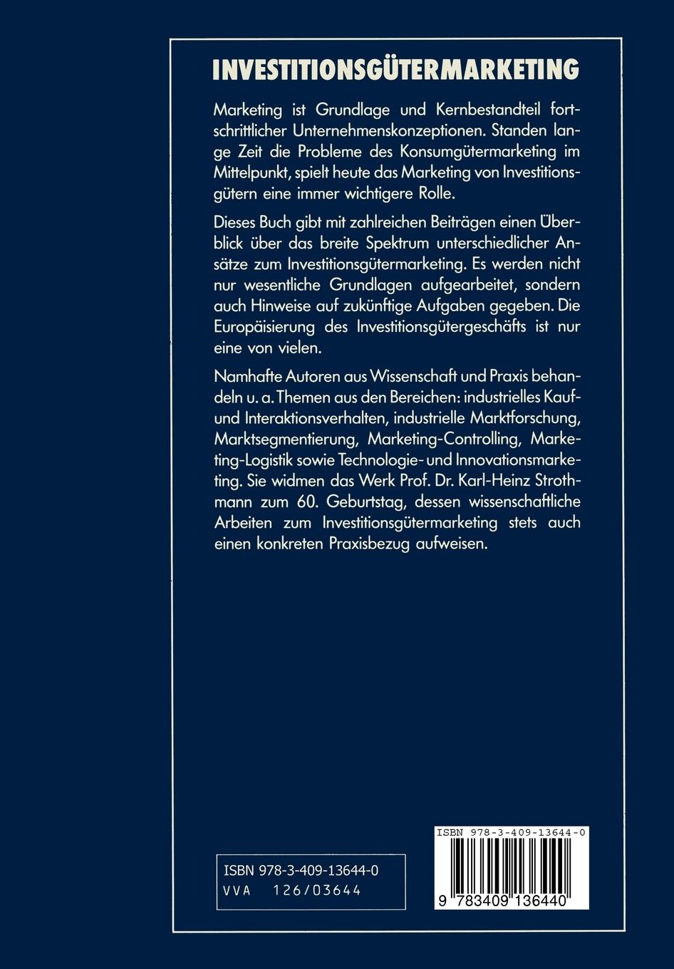 Rückseite: 9783409136440 | Investitionsgütermarketing | Positionsbestimmung und Perspektiven