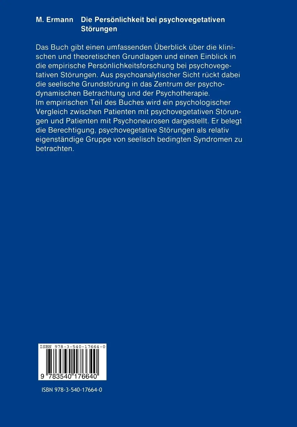 Rückseite: 9783540176640 | Die Persönlichkeit bei psychovegetativen Störungen | Michael Ermann