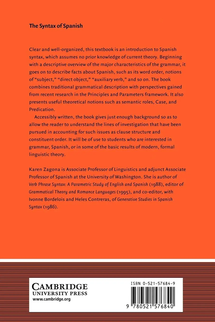 Rückseite: 9780521576840 | The Syntax of Spanish | Karen Zagona | Taschenbuch | Englisch | 2005