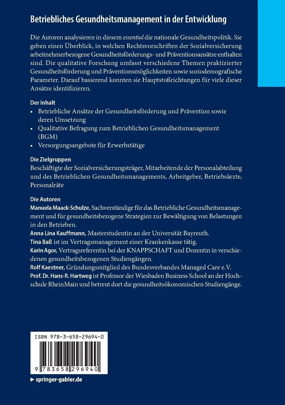 Rückseite: 9783658296940 | Betriebliches Gesundheitsmanagement in der Entwicklung | Taschenbuch