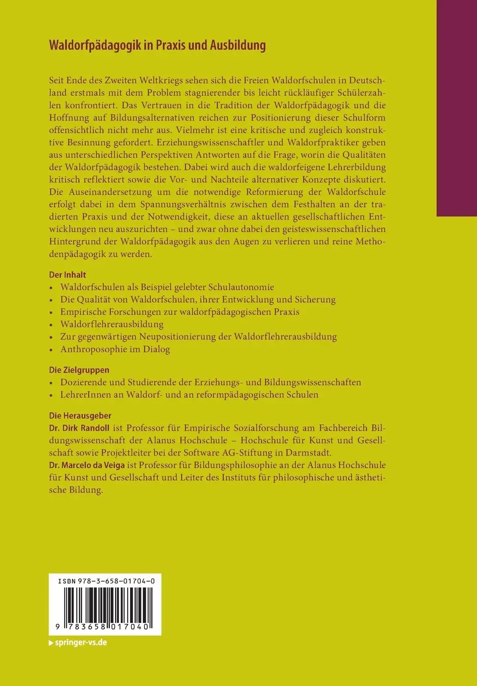 Rückseite: 9783658017040 | Waldorfpädagogik in Praxis und Ausbildung | Marcelo Da Veiga (u. a.)