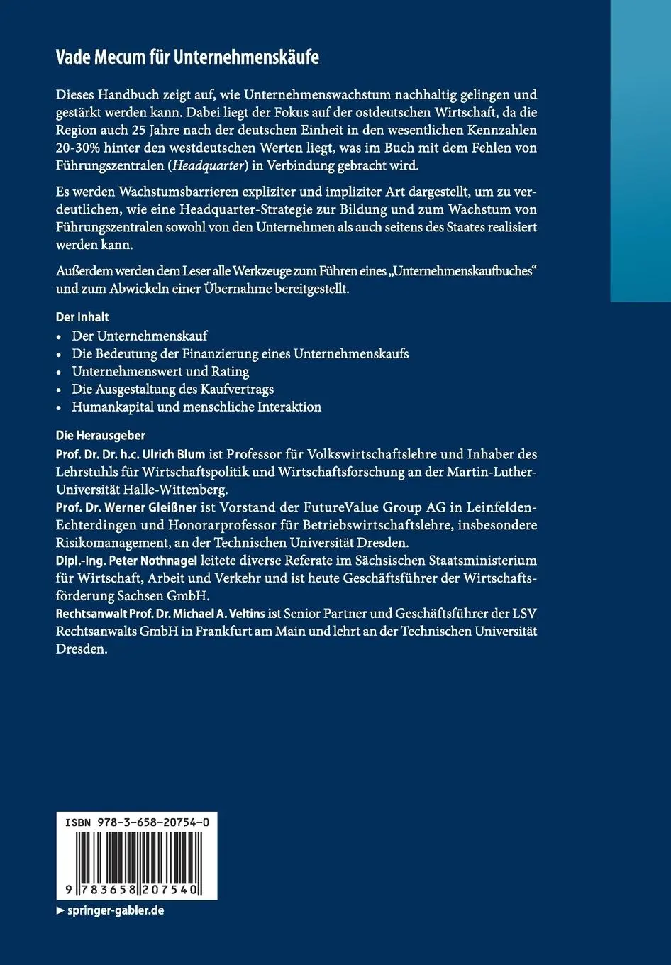 Rückseite: 9783658207540 | Vade Mecum für Unternehmenskäufe | Ulrich Blum (u. a.) | Taschenbuch