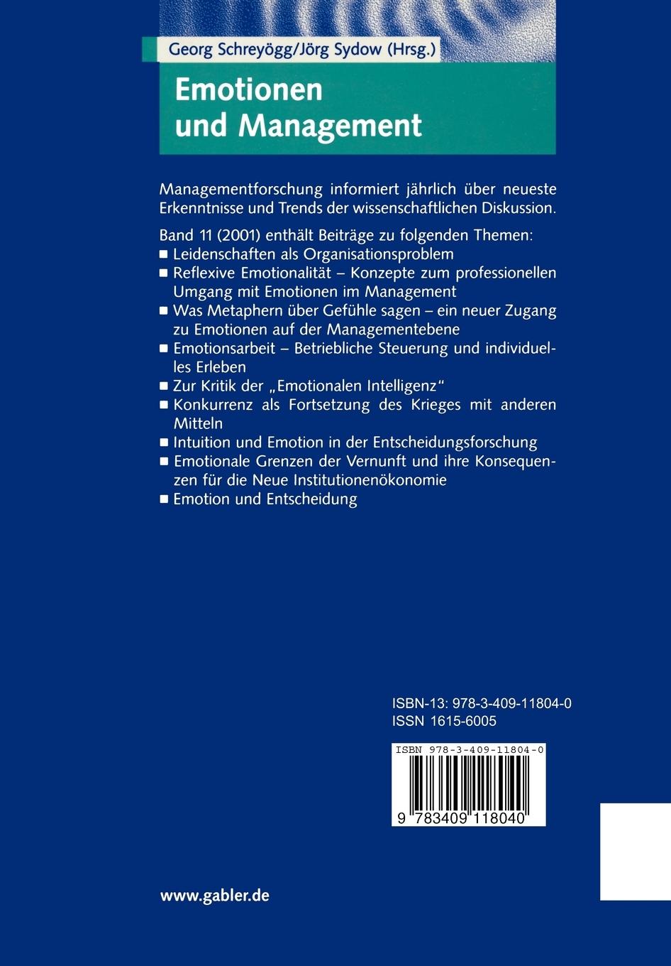 Rückseite: 9783409118040 | Emotionen und Management | Managementforschung 11 | Jörg Sydow (u. a.)