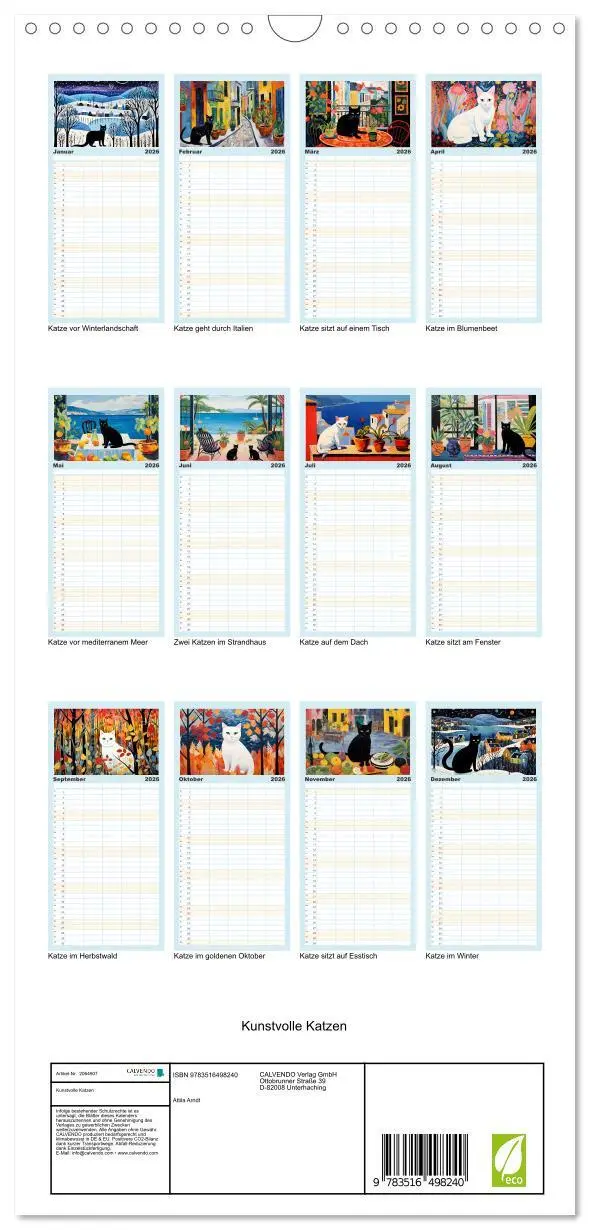 Bild: 9783516498240 | Familienplaner 2026 - Kunstvolle Katzen mit 5 Spalten...