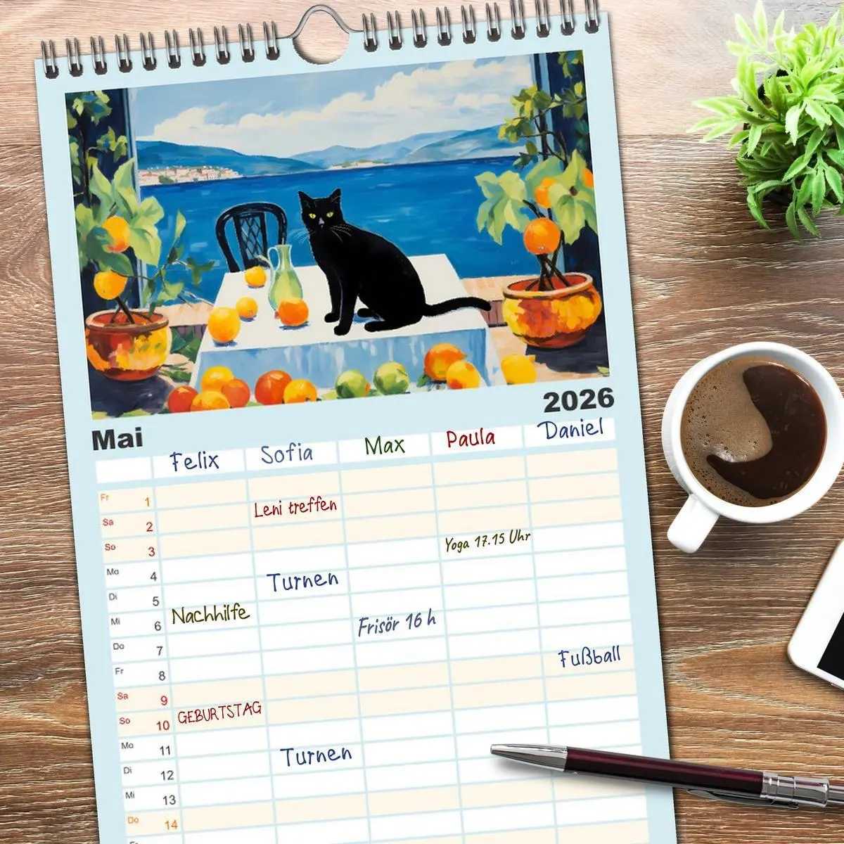 Bild: 9783516498240 | Familienplaner 2026 - Kunstvolle Katzen mit 5 Spalten...