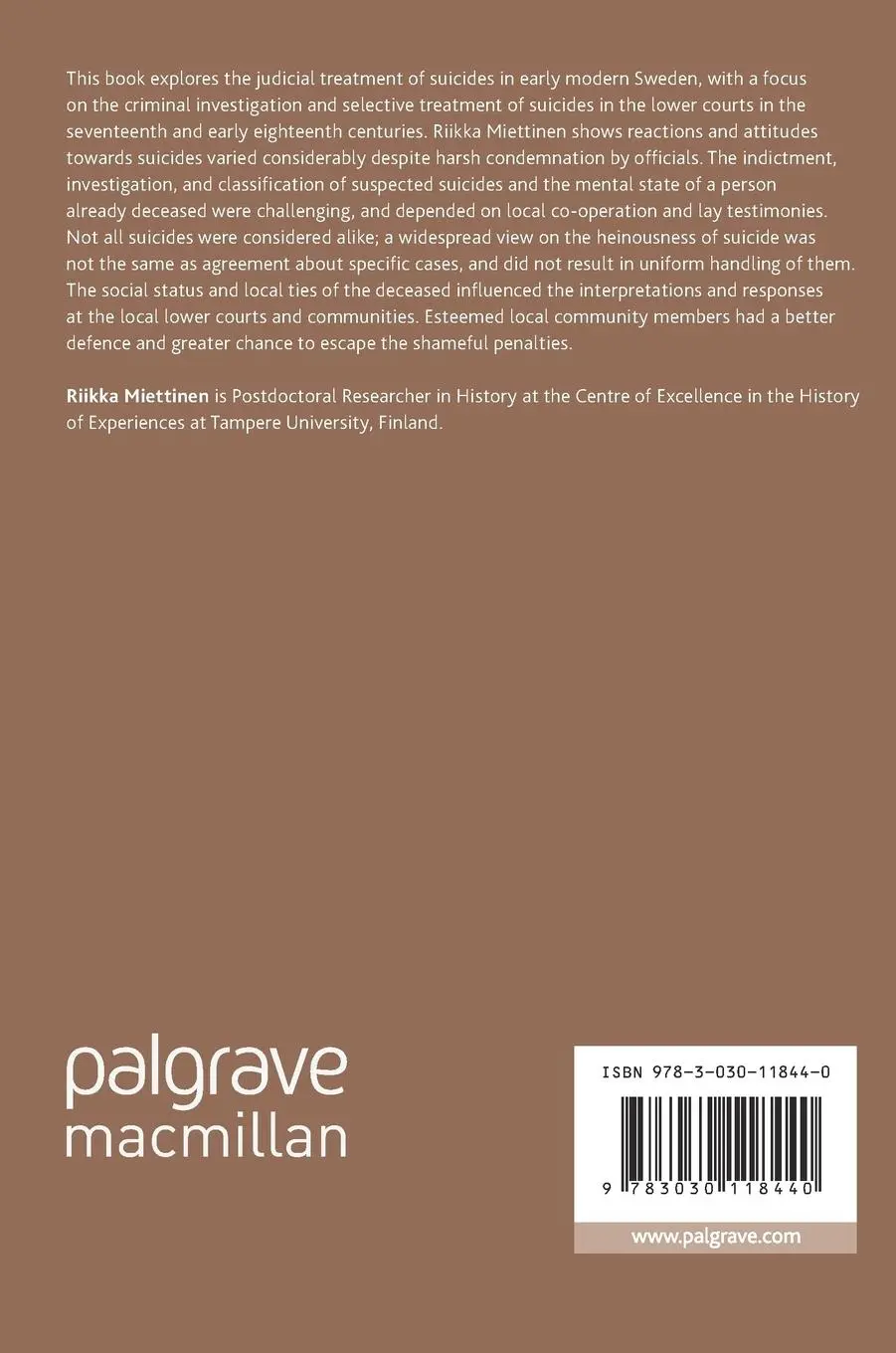 Rückseite: 9783030118440 | Suicide, Law, and Community in Early Modern Sweden | Riikka Miettinen