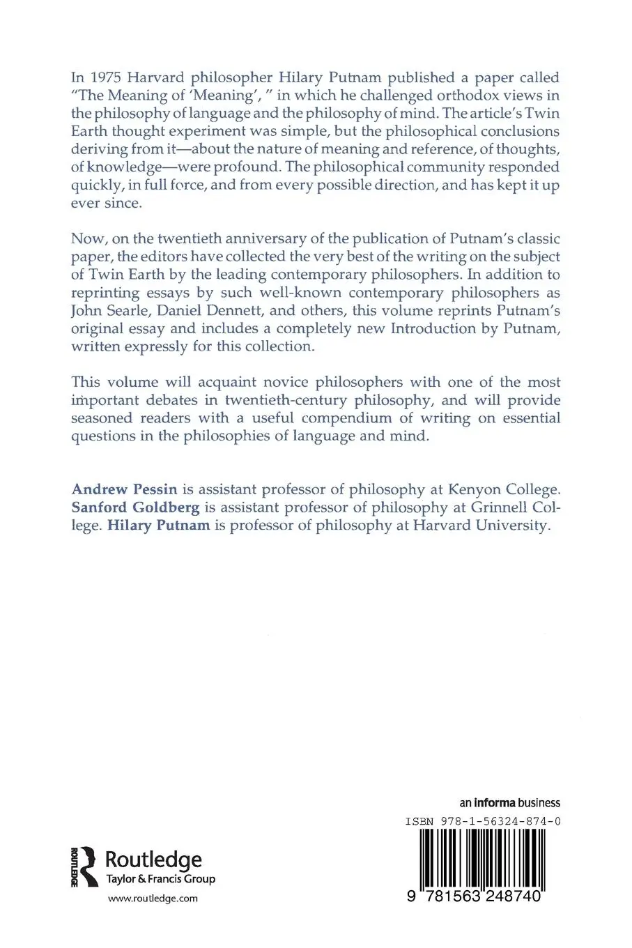 Rückseite: 9781563248740 | The Twin Earth Chronicles | Andrew Pessin (u. a.) | Taschenbuch | 1996