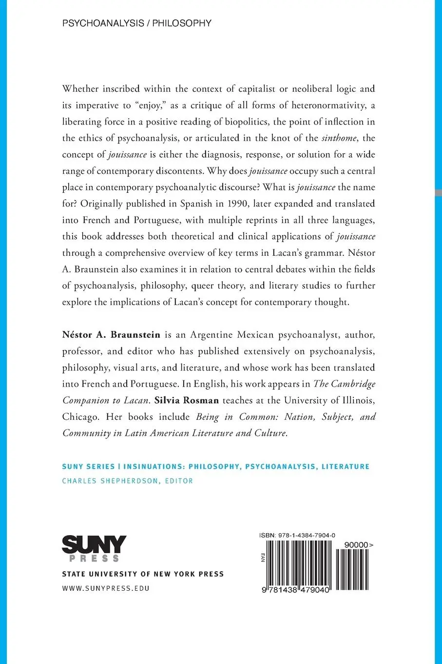 Rückseite: 9781438479040 | Jouissance | A Lacanian Concept | Néstor A. Braunstein | Taschenbuch