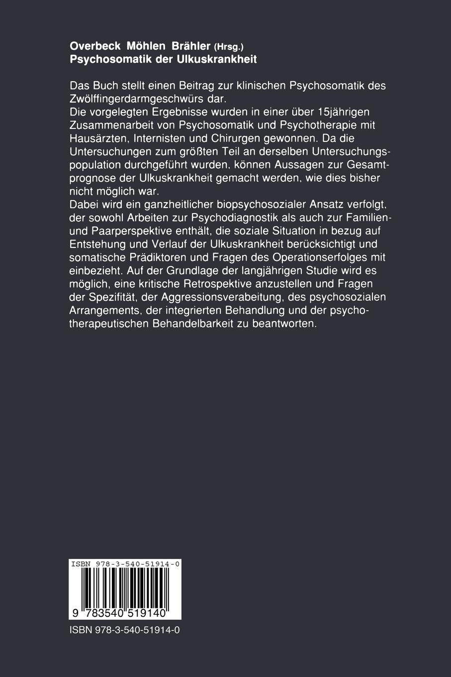 Rückseite: 9783540519140 | Psychosomatik der Ulkuskrankheit | Gerd Overbeck (u. a.) | Taschenbuch