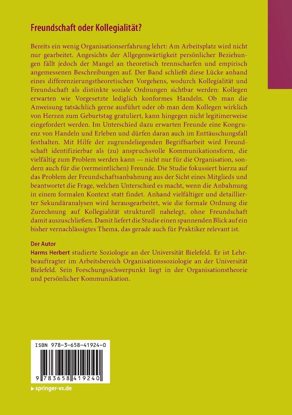 Rückseite: 9783658419240 | Freundschaft oder Kollegialität? | Harms Herbert | Taschenbuch | viii