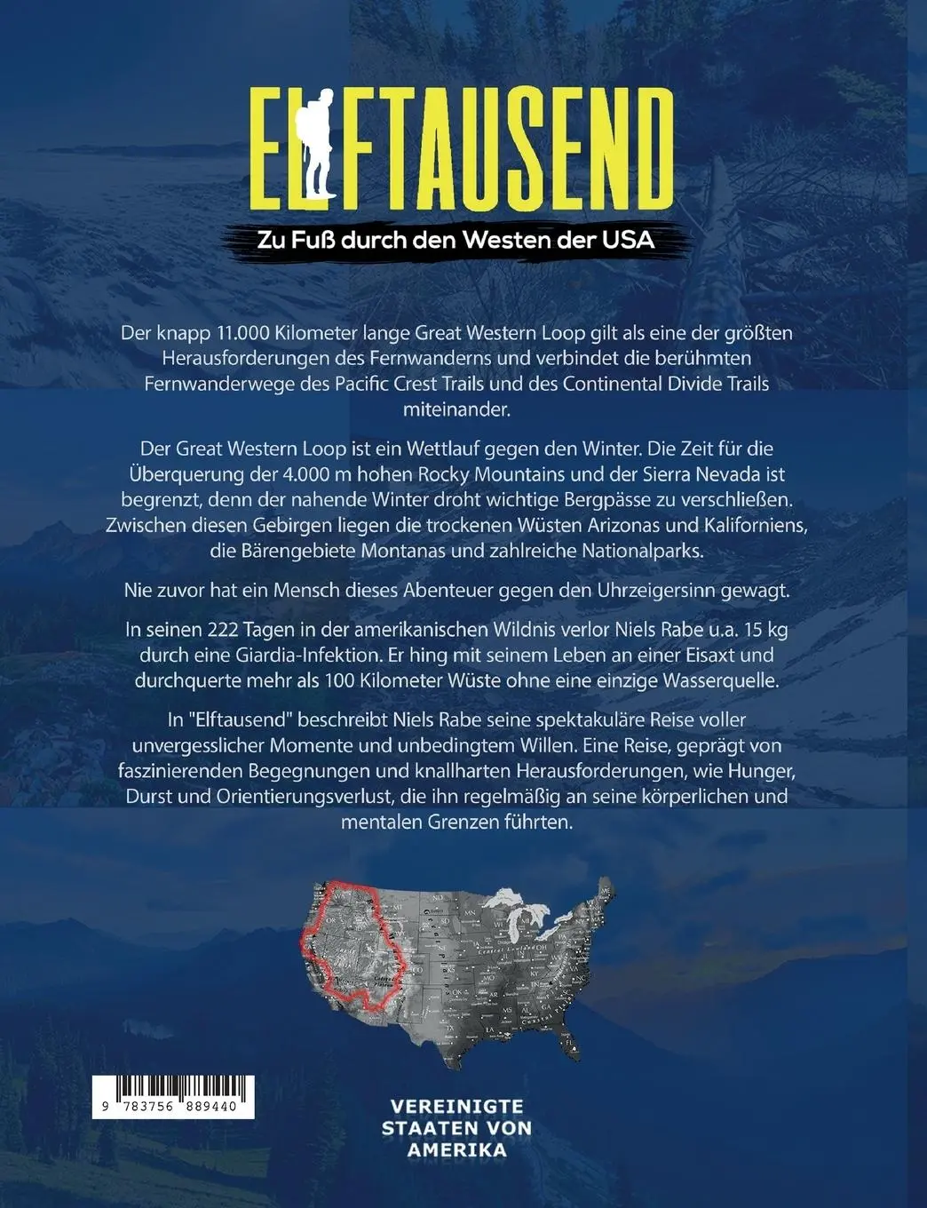 Rückseite: 9783756889440 | Elftausend | Zu Fuß durch den Westen der USA | Niels Rabe | Buch