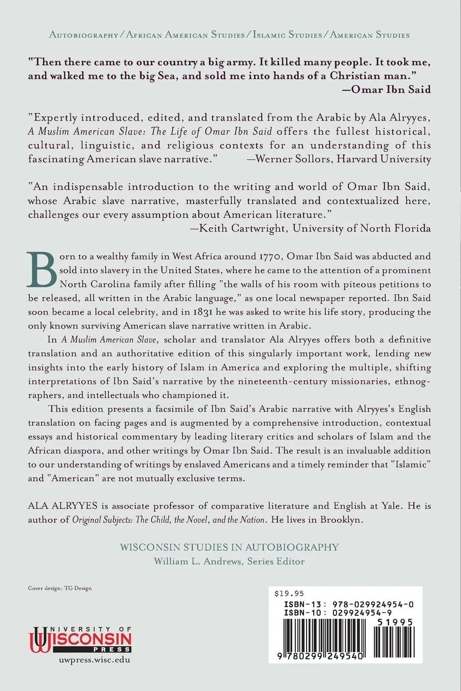 Rückseite: 9780299249540 | A Muslim American Slave | The Life of Omar Ibn Said | Omar Ibn Said