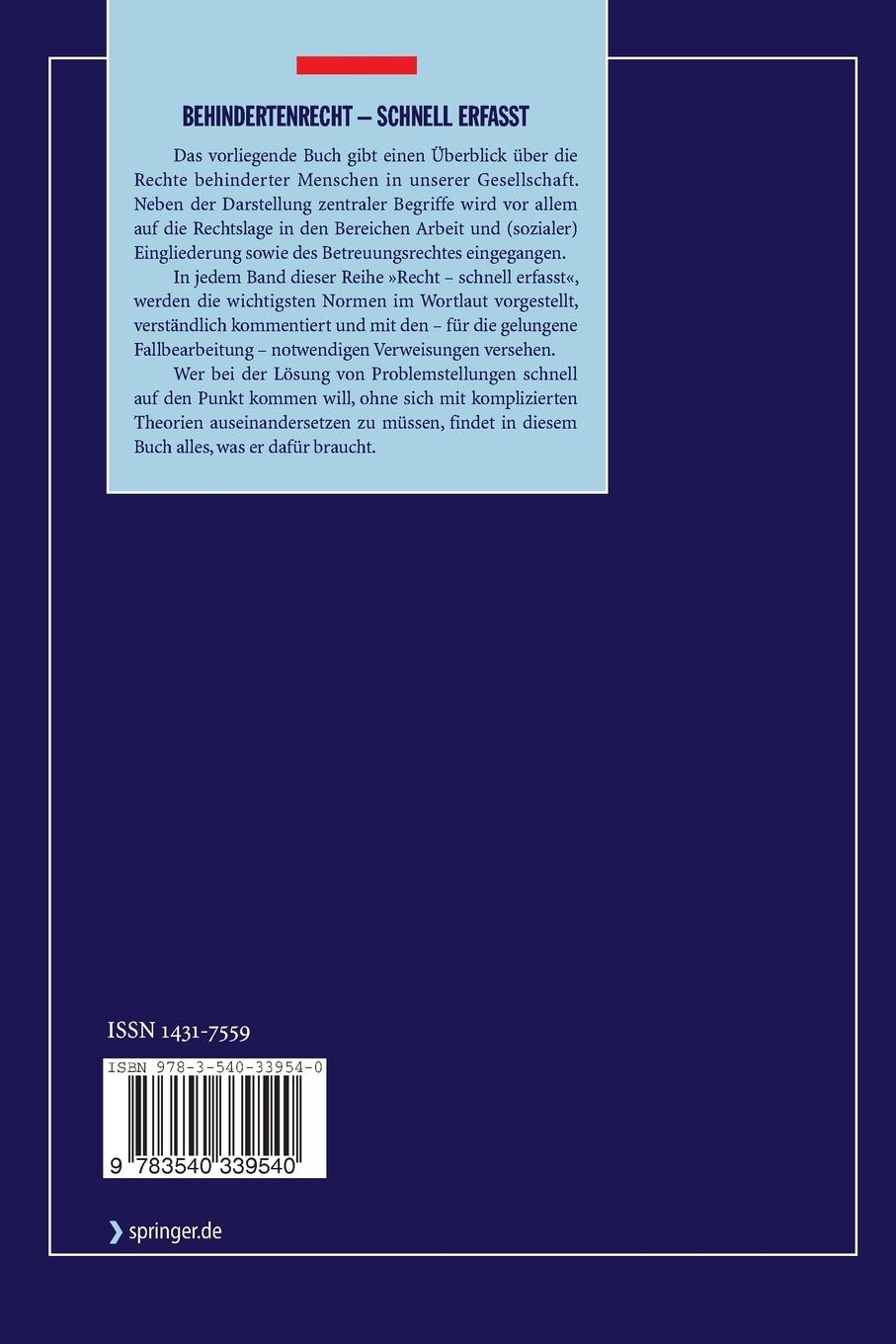 Rückseite: 9783540339540 | Behindertenrecht - Schnell erfasst | Thomas Eissing | Taschenbuch | xv