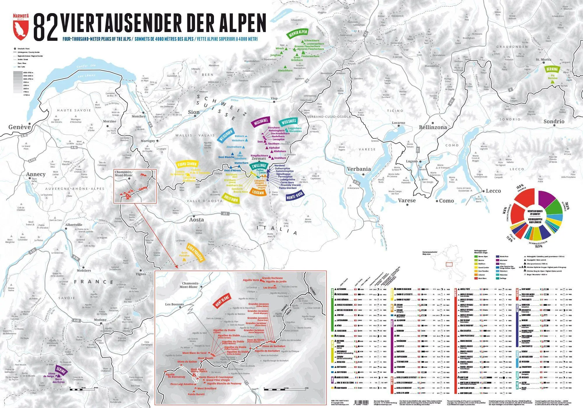 Cover: 9783946719540 | 82 Viertausender der Alpen | Stefan Spiegel (u. a.) | (Land-)Karte