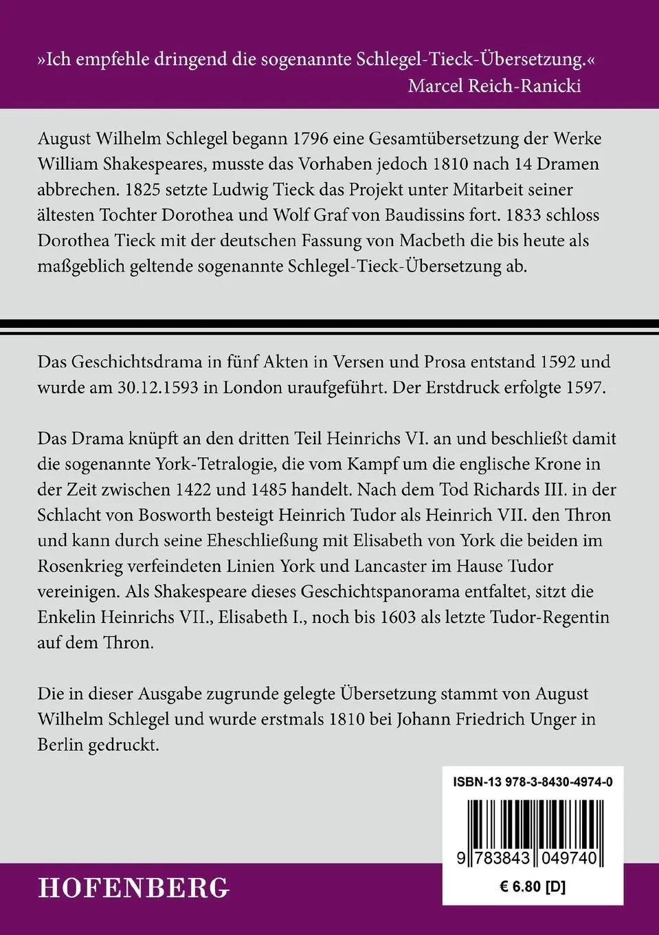 Rückseite: 9783843049740 | König Richard III. | William Shakespeare | Taschenbuch | 140 S. | 2015