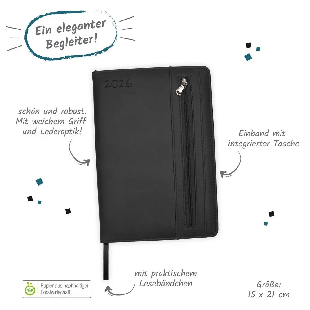 Bild: 4251901509840 | Trötsch Wochenplaner A5 mit Tasche Schwarz 2026 | Taschenkalender | KG
