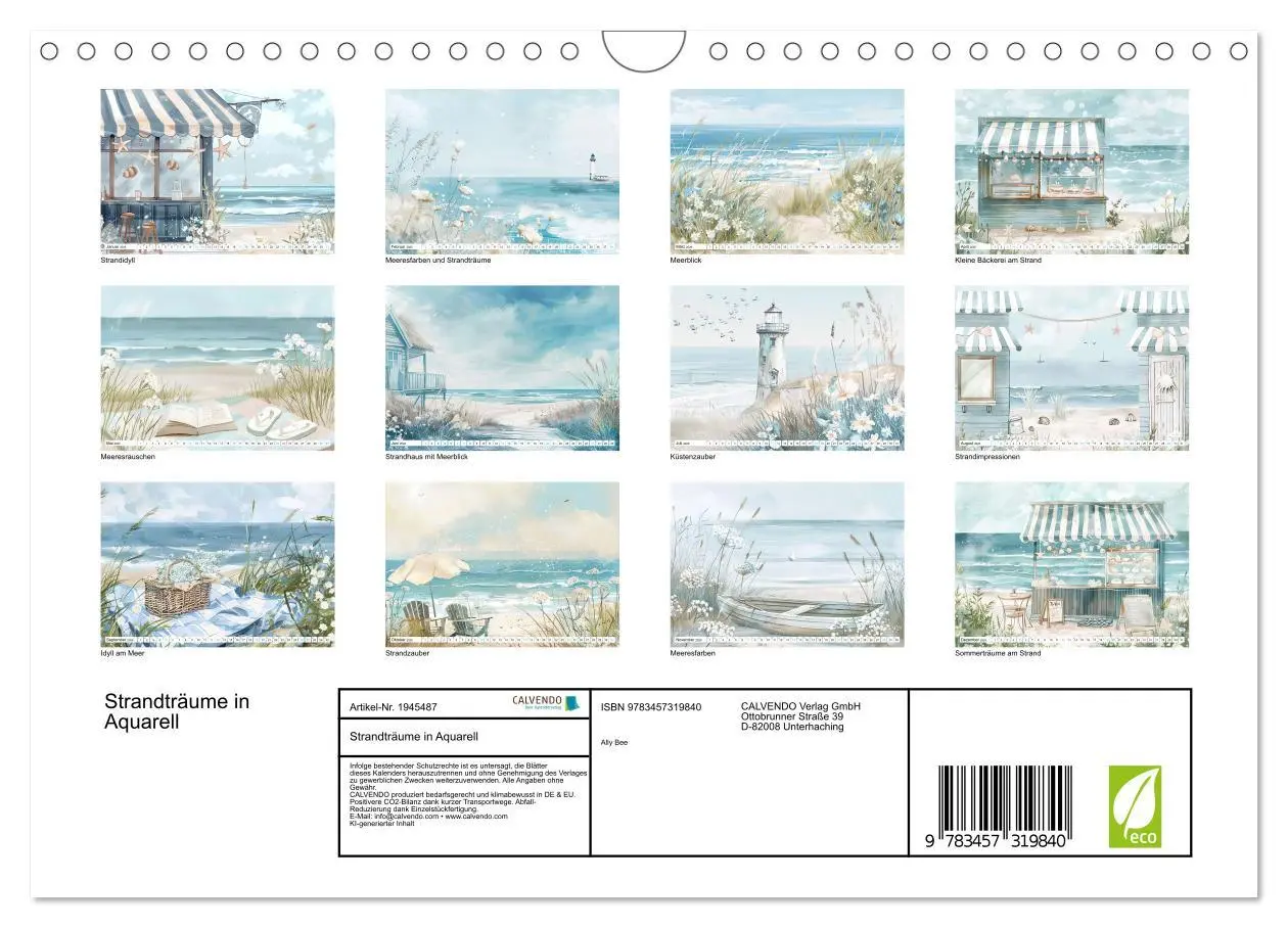 Bild: 9783457319840 | Strandträume in Aquarell (Wandkalender 2026 DIN A4 quer), CALVENDO...