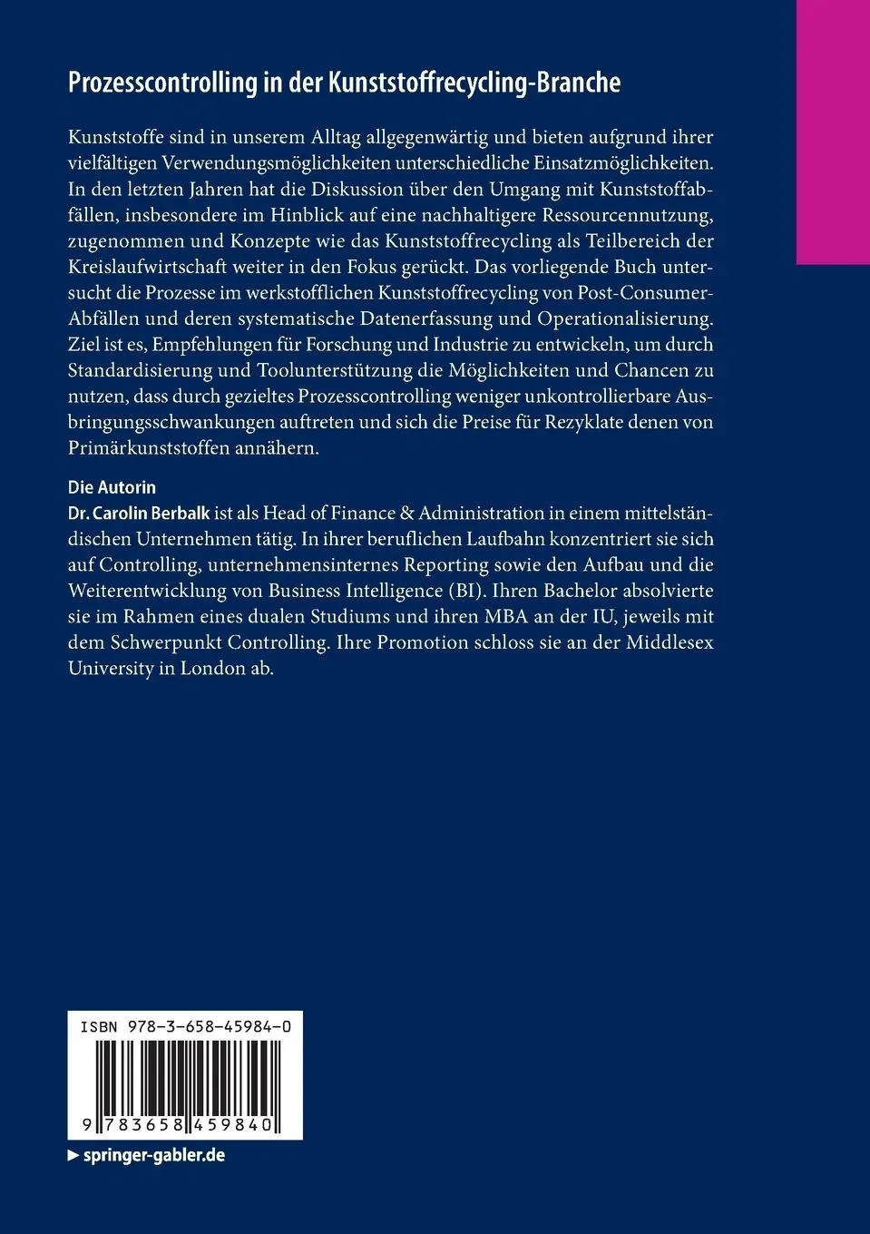 Rückseite: 9783658459840 | Prozesscontrolling in der Kunststoffrecycling-Branche | Berbalk | Buch