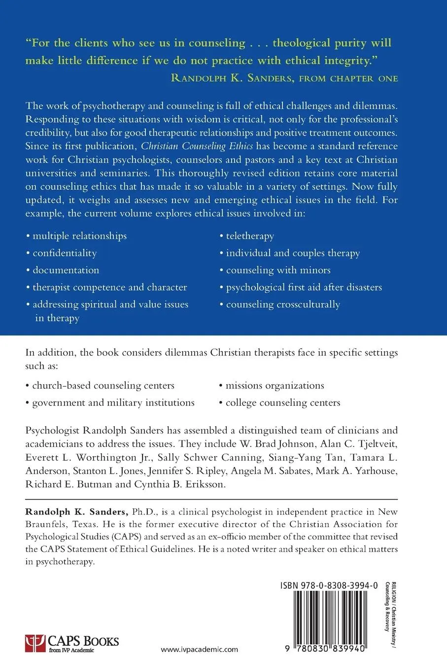 Rückseite: 9780830839940 | Christian Counseling Ethics | Randolph K. Sanders | Taschenbuch | 2013