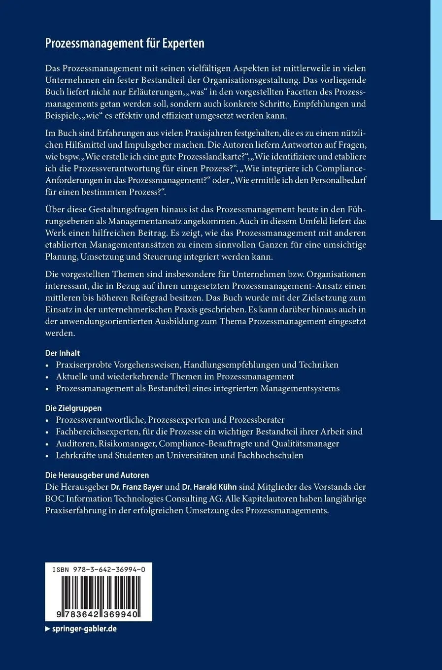 Rückseite: 9783642369940 | Prozessmanagement für Experten | Harald Kühn (u. a.) | Buch | xxi