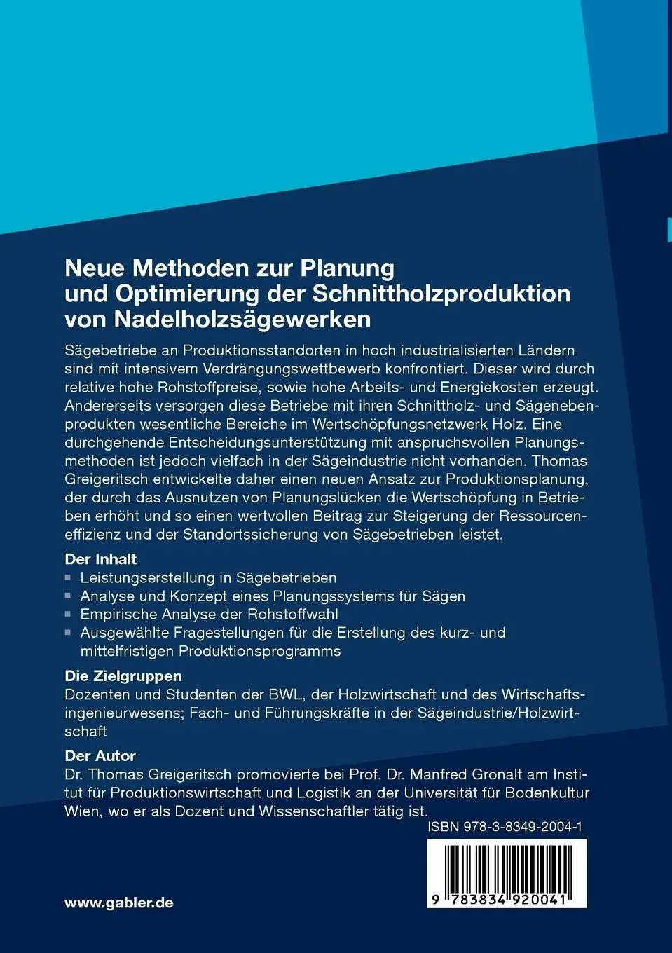 Rückseite: 9783834920041 | Neue Methoden zur Planung und Optimierung der Schnittholzproduktion...