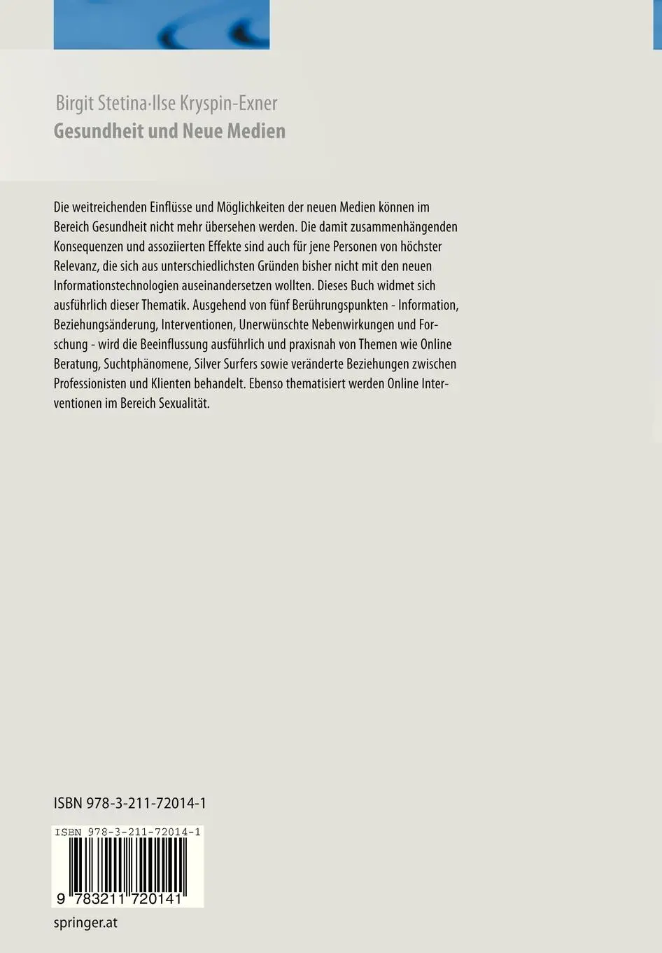Rückseite: 9783211720141 | Gesundheit und Neue Medien | Ilse Kryspin-Exner (u. a.) | Buch | x