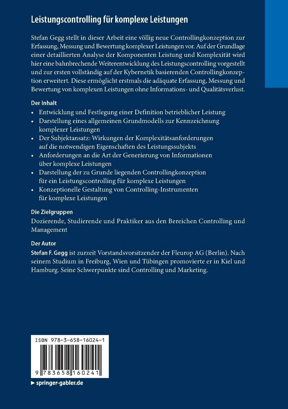 Rückseite: 9783658160241 | Leistungscontrolling für komplexe Leistungen | Stefan F. Gegg | Buch