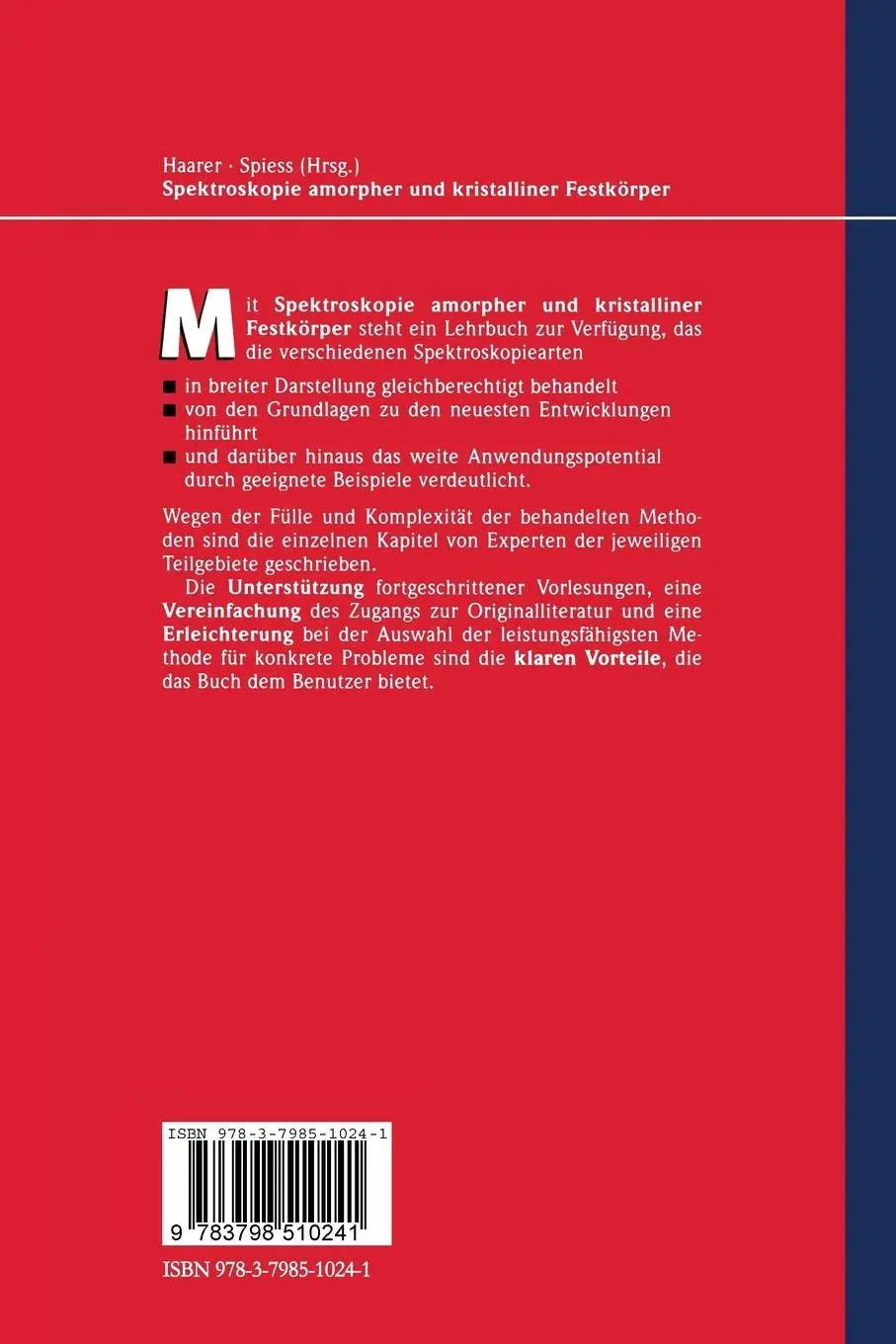 Rückseite: 9783798510241 | Spektroskopie amorpher und kristalliner Festkörper | Spiess (u. a.)