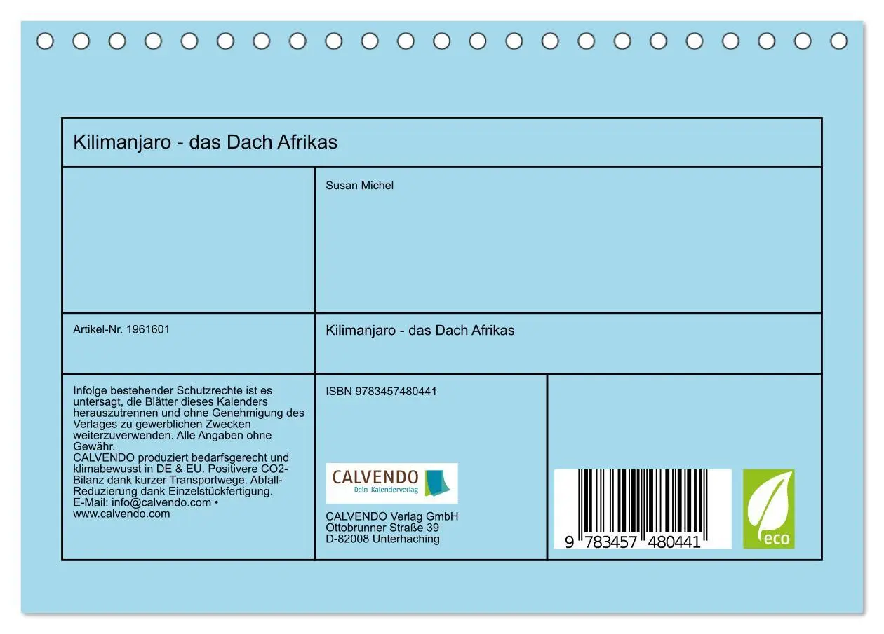 Bild: 9783457480441 | Kilimanjaro - das Dach Afrikas (Tischkalender 2026 DIN A5 quer),...