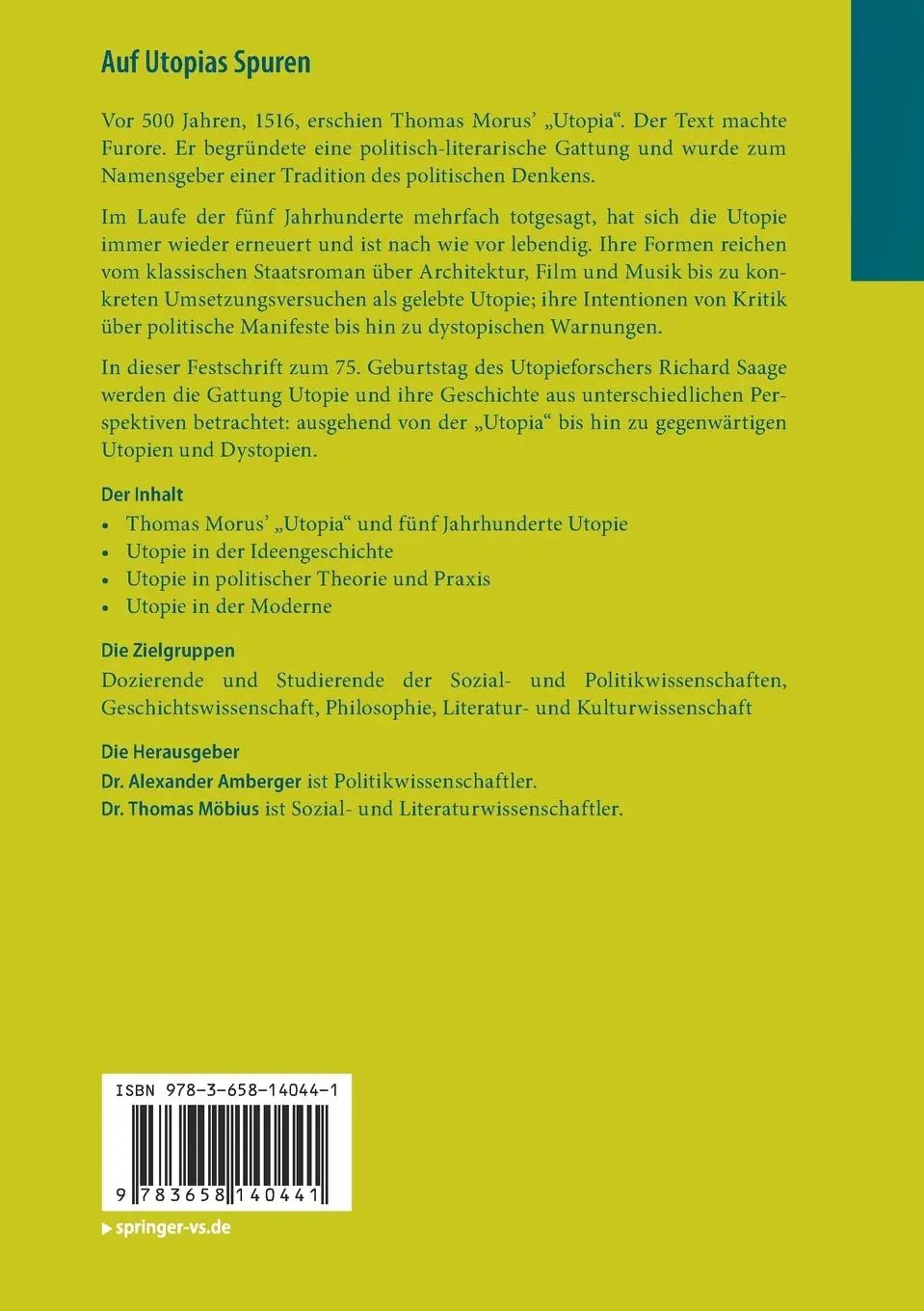 Rückseite: 9783658140441 | Auf Utopias Spuren | Thomas Möbius (u. a.) | Taschenbuch | x | Deutsch